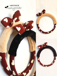 Cute Rabbit Fur Car Steering Wheel Cover Heart Shaped Wine Red Universal Fit 38cm Diameter Four Seasons Polyester Fabric