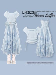 NUMEN BUTTON | Elegant Plus Size Summer Set Womens Short Sleeve T-Shirt Blue Strap Dress