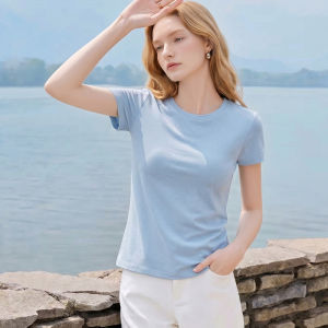 Slimming Stylish Women Summer Round Neck Straight Shoulder T-Shirt