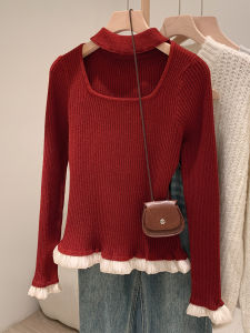 เสื้อถักคอวีแขนยาวสีแดงสำหรับผู้หญิงในช่วงฤดูหนาว เสื้อชั้นในทรงเข้ารูป กระดุมแถวเดียว ปกติ จีนแผ่นดินใหญ่