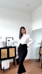 Áo kiểu cổ lọ (cổ nhún) nữ GYOMADE® chất lụa mát màu trắng | GA016CF