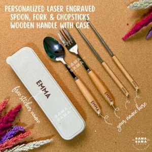 Personalized Laser Engraved Spoon Fork & Chopsticks Wooden Handle with Case