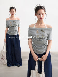BAIDAIFEI | Gray Illusion Layered Off-shoulder T-shirt