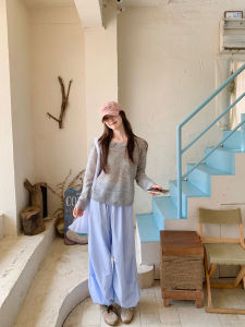 Blue Casual Pants Womens Drawstring Slimming Stripe Lantern Pants Design Loose Double Waist Head Long Pants Korean Style Straight Leg High Waist Elastic Cotton