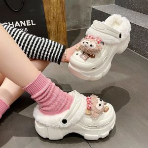 Fleece-lined Hole Shoes for Women 2024 New Arrival Autumn and Winter Outer Wear Height Increasing Warm Keeping Heel Cover Detachable Cotton Slippers Ladies