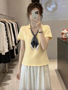 Scarves Tied V-Neck Short Sleeve Slimming Summer T-Shirt