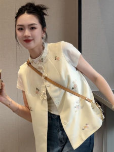 YUFUQING | New Chinese Style Sleeveless Vest Womens Retro Design Heavy Embroidery Stand Collar Shoulder Pad Top Polyester Fiber