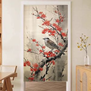 VIKAMA Oriental Plum Blossom Japanese Door Curtain Chinese Ink Painting Noren Aesthetic Partition Curtain Vintage Home Decor