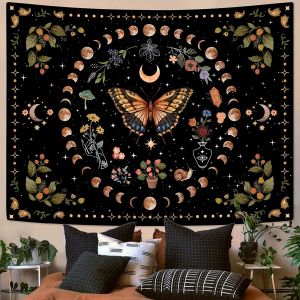 VIKAMA Dark Skeleton Moon Art Tapestry Black Gothic Style Bedroom Background Wall Decoration Retro Tapestry Room Decoration