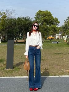 YUFUQING | กางเกงยีนส์ทรงตรงเอวสูงสีน้ำเงินเข้มสไตล์ย้อนยุคแบบอเมริกันสำหรับผู้หญิง กางเกงขายาวทรงสลิมฟิต ทรงหลวม ฤดูร้อน 2025