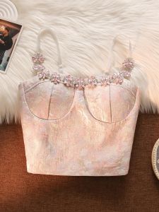 เสื้อกั๊กสายเดี่ยวตกแต่งเพชรสีชมพูสำหรับผู้หญิง เสื้อชั้นในทรงเข้ารูป พร้อมแผ่นเสริมหน้าอก ดีไซน์เปิดหลัง เซ็กซี่ ทรงสั้น สวมใส่สบาย