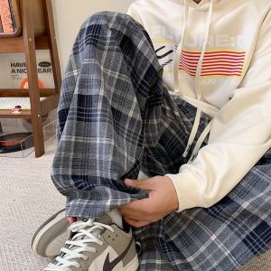 American Style Plaid Leg Casual Pants Loose Retro Mens Autumn Trendy Brand Black White Wide Straight Long Pants Slimming High Street
