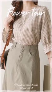 Korean Casual Plaid Lotus Leaf 3/4 Sleeves Round Neck Plus Size Striped Blouse For Women