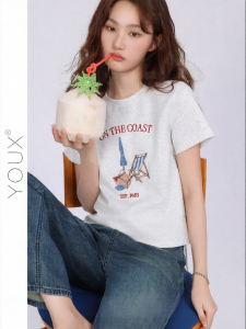 YOUXIANG | Áo Thun Tròn Cổ Thêu Nghỉ Dưỡng Biển