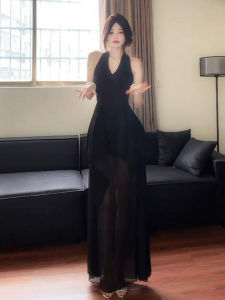 French Style Black V-Neck Hanging Neck Backless Dress Women Summer 2025 New Asymmetrical Waist-Cut Splicing Long Dress