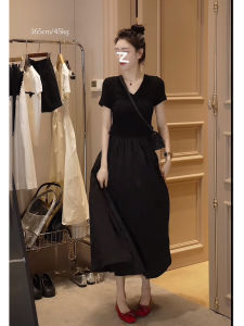 Elegant V-neck Black Dress Womens Summer Waist-cinching Retro Hepburn Style Long A-line Dress Polyester Fiber Short Sleeve