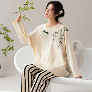 miiow | New Chinese Style Womens Sleepwear Long Sleeve Hooded Pure Cotton Spring Summer Home Clothes Set Comfortable Lightweight Casual