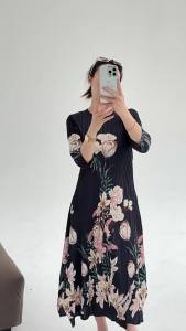 93874 One Size (45-75kg) Early Spring National Style Vintage Print Chinese Round Neck Slim Slimming Pleated Dress