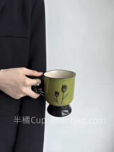 Large Capacity Tulip Ceramic Mugs Afternoon Tea Cup Vintage Green Yellow Orange Colorful Glazed Underbody Craft Handmade Gift