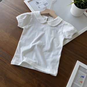 Girls Long Sleeve/Short Sleeve Cotton T-Shirt Doll Collar Sweat Absorbent Pure Color European Style round Neck Childrens Wear