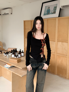 MOXI Black/Polka Dot Long Sleeve round Neck Shoulder Bared Womens Slim Fit T-Shirt Irregular Hemline Sweet And Spicy Style