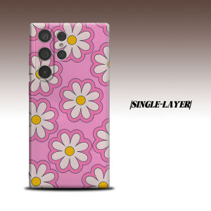 Pink Daisy Outline Print For Samsung Galaxy S26 S25 S24 A56 A36 Dual Layer Luxury Fashion Full Lens Protective Case