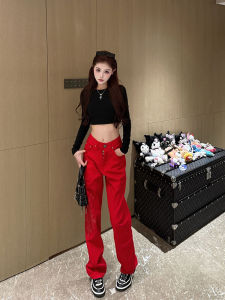 Red Cross Stitch Straight Leg Jeans Loose Fit Womens Denim Pants Durable Casual Trousers for All Seasons Deep Blue Color