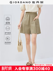 Giordano Womens Linen Shorts Summer Cotton Linen Pleated Pocket Elastic Waist Loose Casual Shorts Artistic Commute Style