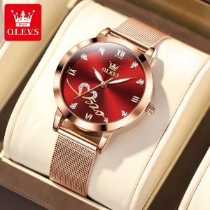 OLEVS | Đồng Hồ Đeo Tay Thạch Anh Dây Lưới Màu Vàng Hồng Thanh Lịch Dành Cho Nữ OLEVS 5530 Đồng Hồ Đeo Tay Chống Nước Thiết Kế Hình Trái Tim Phát Sáng Với Màn Hình Hiển Thị Số La Mã
