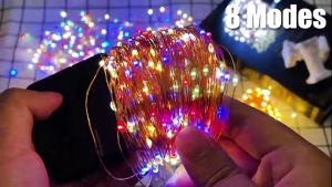 32m กลางแจ้งแสงอาทิตย์ LED ไฟสตริงไฟกันน้ำไฟคริสต์มาส 8 โหมดเทพนิยายไฟม่านไฟทองแดงลวดไฟการตกแต่งสวนงานแต่งงานงานแต่งงานวันเกิดวันเกิด