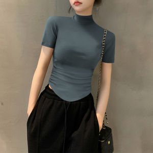 Summer New White Half High Collar Short Sleeve Knitted Thin T-Shirt Womens Base Layer Uneven Short Style Commute Korean Version
