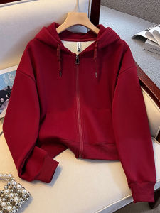 Fashionable Hoodie Sweatshirt Womens Spring Autumn New Style Wine Red Casual Open Cardigan Jacket Top Small Size Jimo