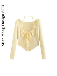 Áo Thun Dài Tay Nữ Phong Cách Cổ Điển Có Dây Rút Áo Thun Cotton Ngọt Ngào Áo Thun Bó Sát Áo Thun Dài Tay Thường Ngày