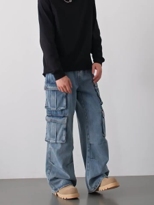 MPJ American Straight Leg Cargo Jeans for Men with 8 Pockets Retro Cargo Pants for Men Stylish Comfy Denim Pants