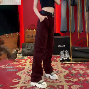 Wine Red High Waist Workwear Jeans Womens Fashion Slimming Straight Commuter Pants Autumn New Style Versatile Casual Loose Fit