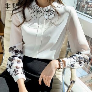 Spring Autumn Long Sleeve Womens Chiffon Shirt Floral Print Petal Collar Fashionable Versatile Light Mature Top Korean Style Slim Fit