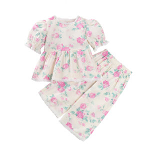 Menoeas New Sweet and Cute Summer Girl Outfit: A Two-piece Set Featuring A Round-neck Puffed Sleeves Lace-trimmed Floral Shirt and Wide-leg Pants