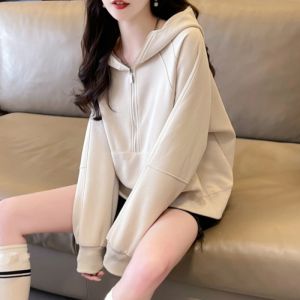 Loose Fit Hoodie Womens Early Autumn New Style Solid Color Half Zip Shoulder Sleeve Design Lazy Relaxing Top Polyester Long Sleeve