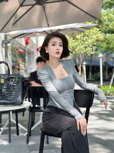XULU Original Early Autumn Pure Color Knitted Top with Bubble Sleeves And Square Collar Long Sleeve Short Style Base Shirt