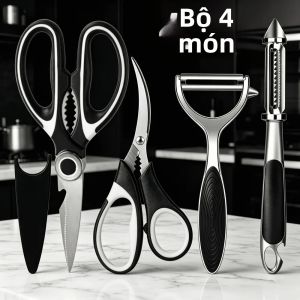 plys | Bộ 4 Kéo Và Dụng Cụ Gọt Vỏ Nhà Bếp Cao Cấp Màu Đen Bằng Thép Không Gỉ Bộ Dụng Cụ Chuyên Nghiệp Dành Cho Phụ Kiện Nhà Bếp