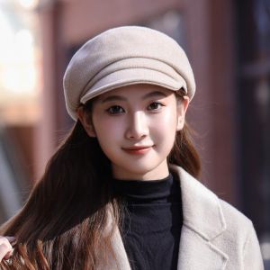 Trendy Womens Autumn Winter Woolen Beret Hat Duckbill Cap Retro British Style Newsboy Cap Casual round Top Octagonal Hat