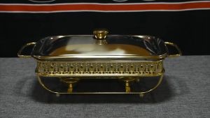 Luxury Gold/Silver Chafing Dish Buffet Food Warmer Display Rectangular Shape Restaurant Hotel Glass Soup Pot Casserole Display Porcelain with Gold Stand Alcohol Stove Dry Hot Food Warmer