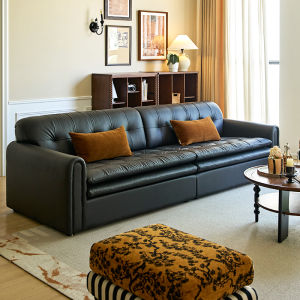 New 2025 French Vintage Black Leather Sofa Middle-aged Style Small Apartment Living Room High-grade Top-layer Cowhide Sofa