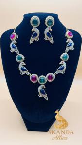 Indian Jewellery Necklace Set Colourful Syntactic Gemstone necklace with peacock glitter white stones with matching peacock earrings. SA-N-2508-015