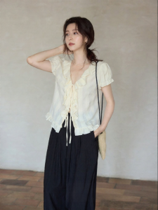 seemon | Áo Sơ Mi Cổ V Ruffle Tay Bồng Phong Cách Hàn Quốc