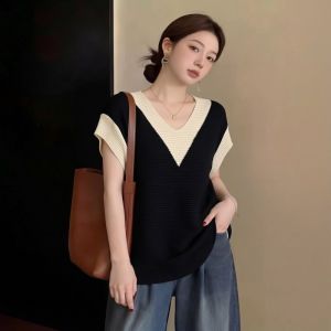 AIYITI | Slimming Contrast V-Neck Short-Sleeved T-Shirt Loose Knitwear