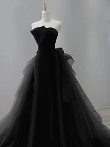 Elegant Black Evening Gown Womens 2024 New Style Strapless Ball Dress High-End Luxury Sensation High-Definition Year Conference