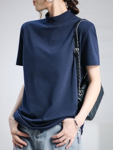 Fashionable Short Sleeve Half High Collar Womens T-Shirt Summer Wear for Those with a Little Belly Korean Style Loose Fit Cotton