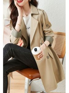 First-Line Brand Label Cutting Export Discount Big Sale Work Clothing All-Matching Graceful Mid Length Long Length Khaki Trench Coat Outwear Female Autumn