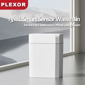Plexor 13/18L Motion Sensor Trash Can with Lid Automatic Small Slim Garbage Can with Cover Waterproof Smart Trash Bin for Bathroom Kitchen Office Bedroom Living Room Toilet (White)